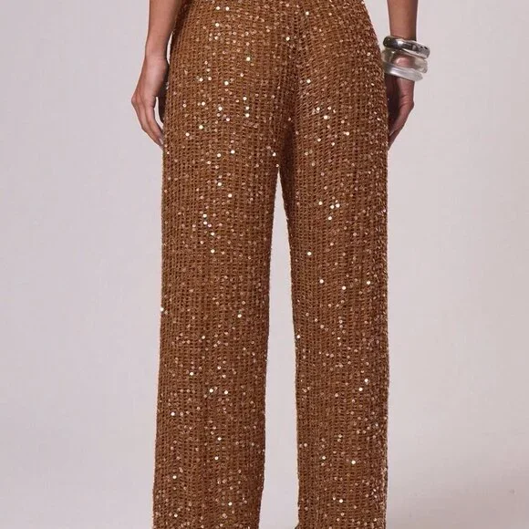 Rust Brown Women's ResortDrawstring Waist Sequin Relaxed Wide Leg pants